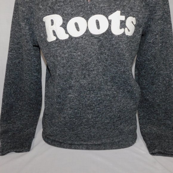 ROOTS Mens M Gray Salt & Pepper 1/4 Zip Fleece Lined Pullover Sweater Spellout - Picture 2 of 13